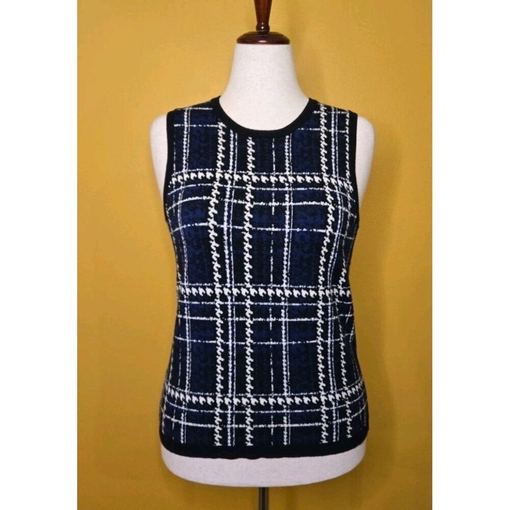 Daniel Rainn‎ Sweater Vest Women Large Houndstooth Blue Black White Viscose EUC